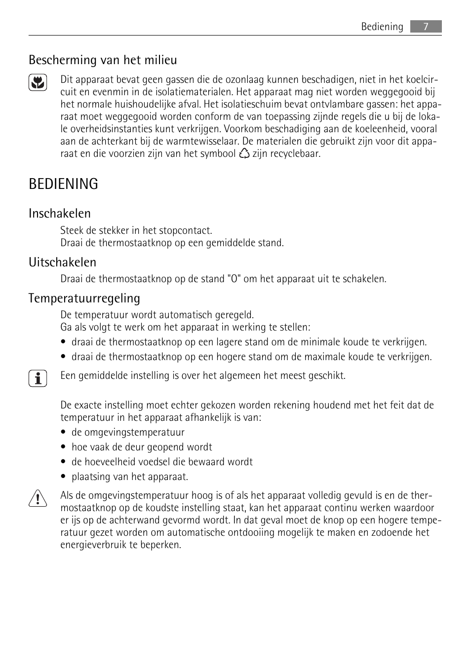 Bediening, Bescherming van het milieu, Inschakelen | Uitschakelen, Temperatuurregeling | AEG SCN91800C1 User Manual | Page 7 / 92