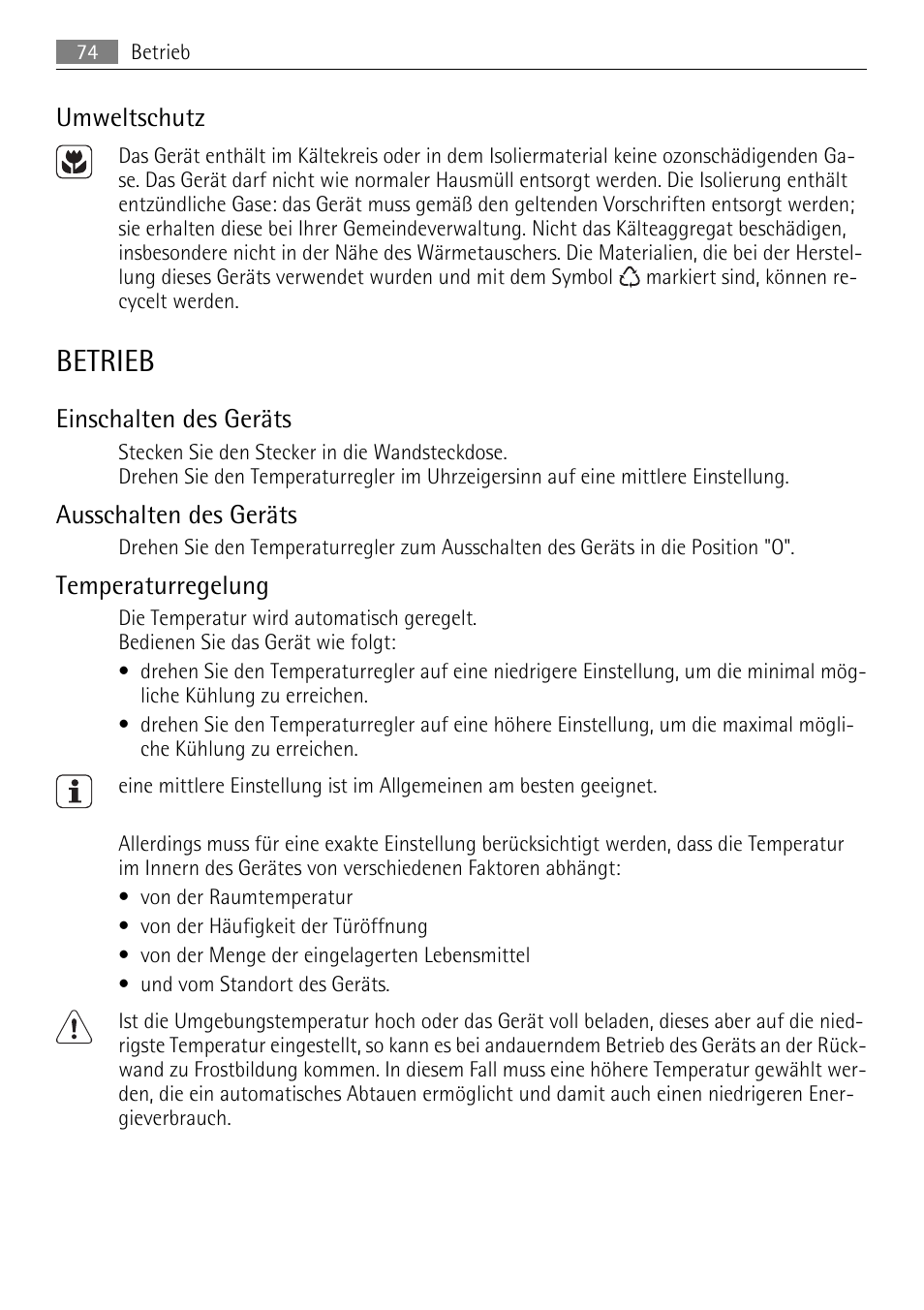 Betrieb, Umweltschutz, Einschalten des geräts | Ausschalten des geräts, Temperaturregelung | AEG SCN91800C1 User Manual | Page 74 / 92