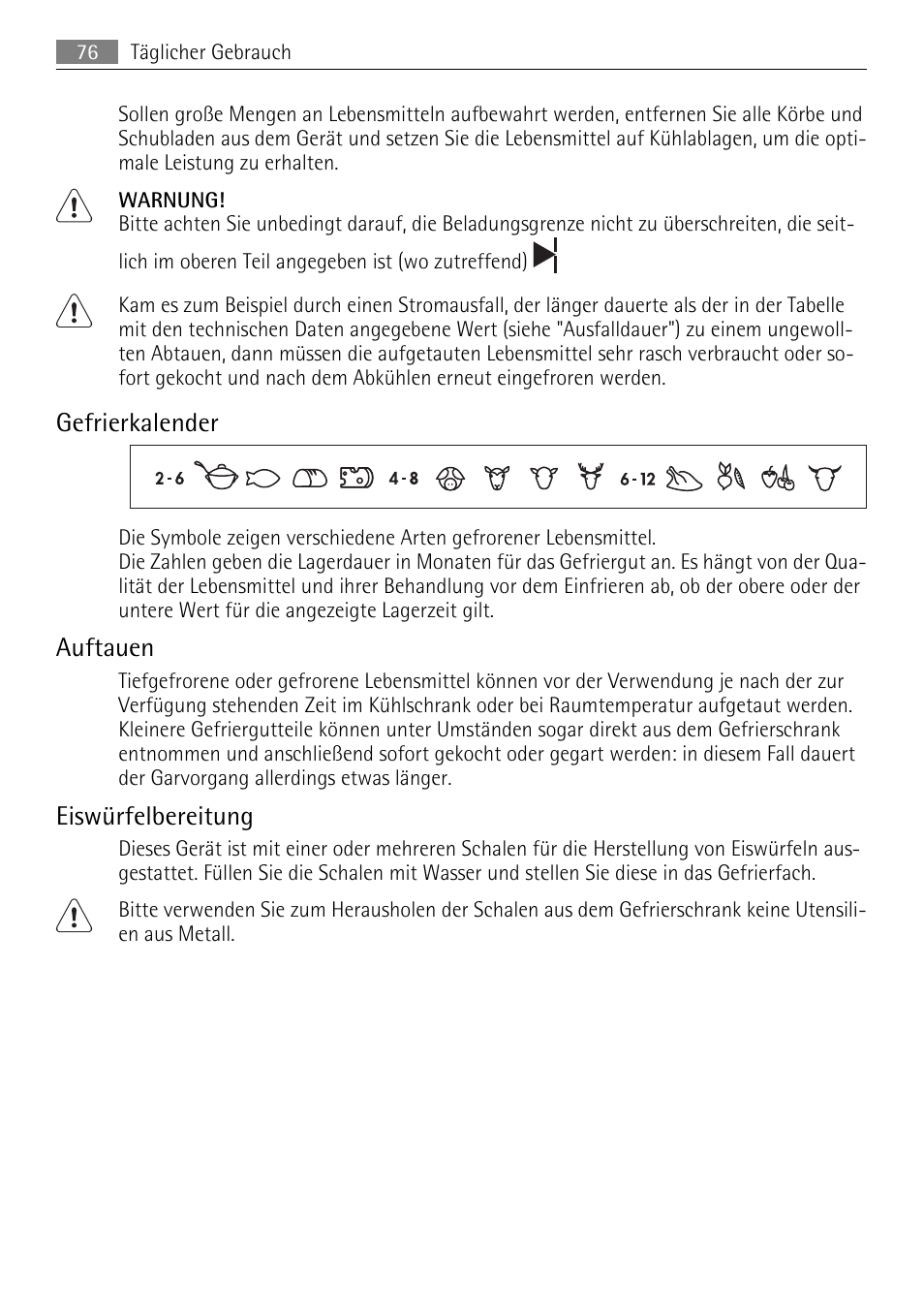 Gefrierkalender, Auftauen, Eiswürfelbereitung | AEG SCN91800C1 User Manual | Page 76 / 92
