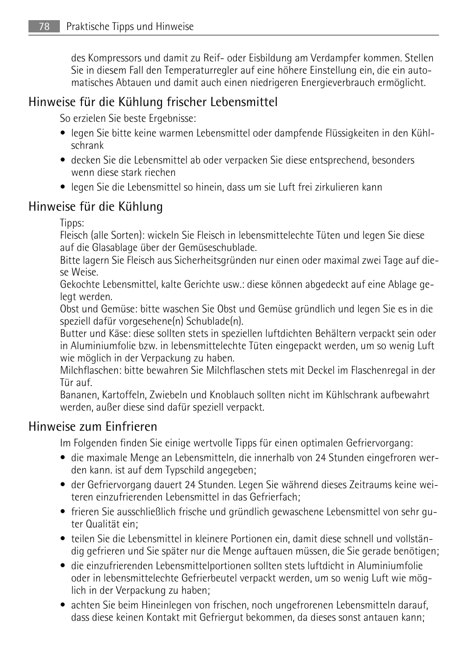 Hinweise für die kühlung frischer lebensmittel, Hinweise für die kühlung, Hinweise zum einfrieren | AEG SCN91800C1 User Manual | Page 78 / 92