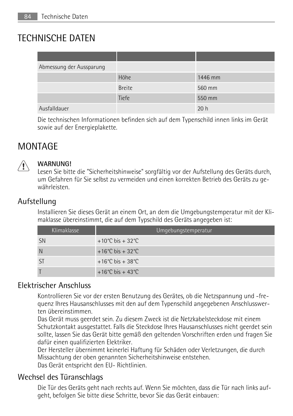 Technische daten, Montage, Aufstellung | Elektrischer anschluss, Wechsel des türanschlags | AEG SCN91800C1 User Manual | Page 84 / 92