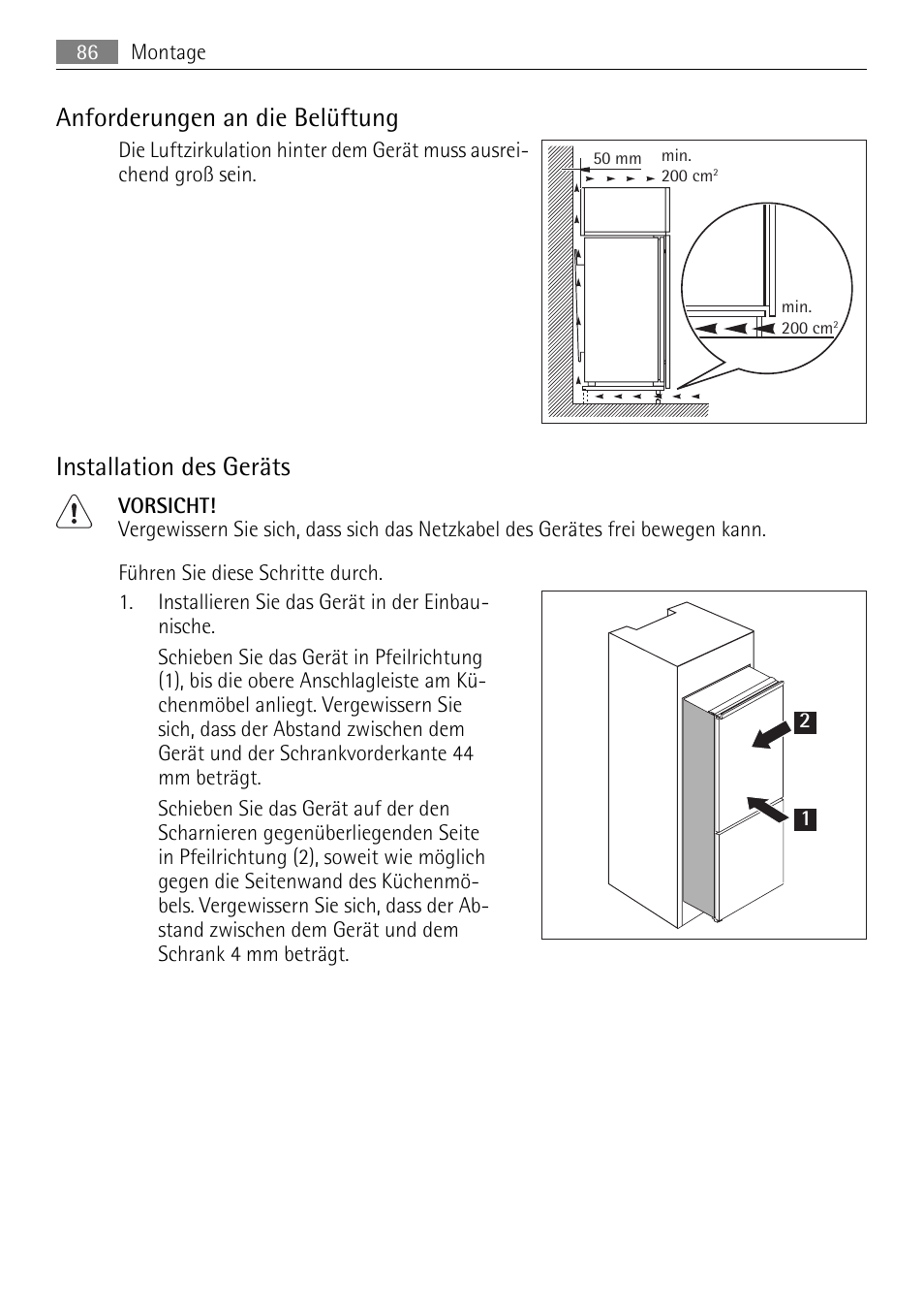 Anforderungen an die belüftung, Installation des geräts | AEG SCN91800C1 User Manual | Page 86 / 92