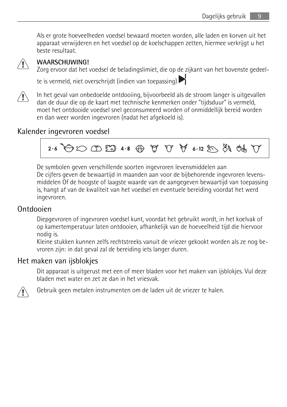 Kalender ingevroren voedsel, Ontdooien, Het maken van ijsblokjes | AEG SCN91800C1 User Manual | Page 9 / 92