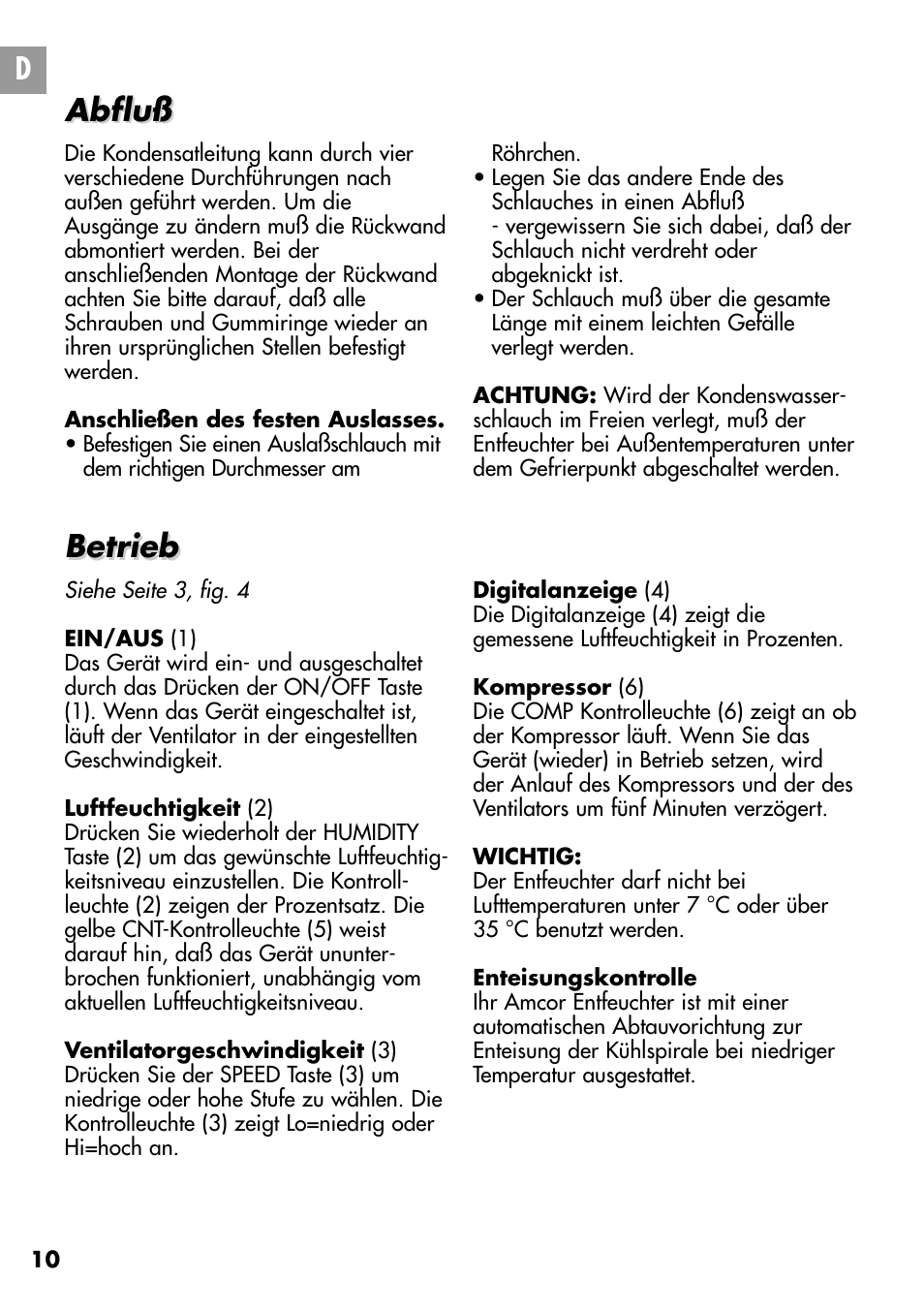 Dabfluß abfluß betrieb betrieb | Amcor D950E User Manual | Page 10 / 20