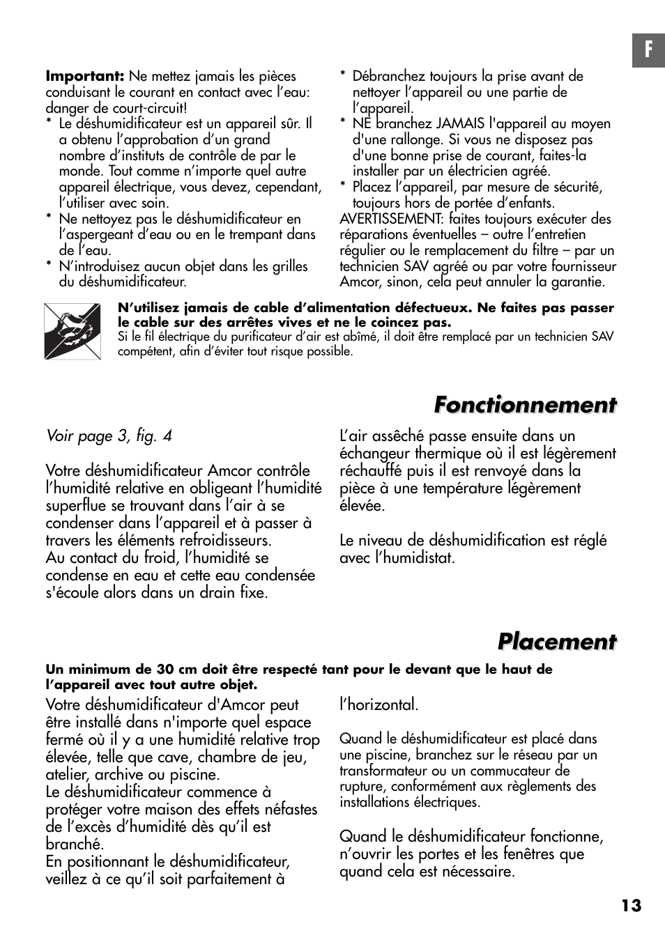 Fonctionnement, Placement | Amcor D950E User Manual | Page 13 / 20