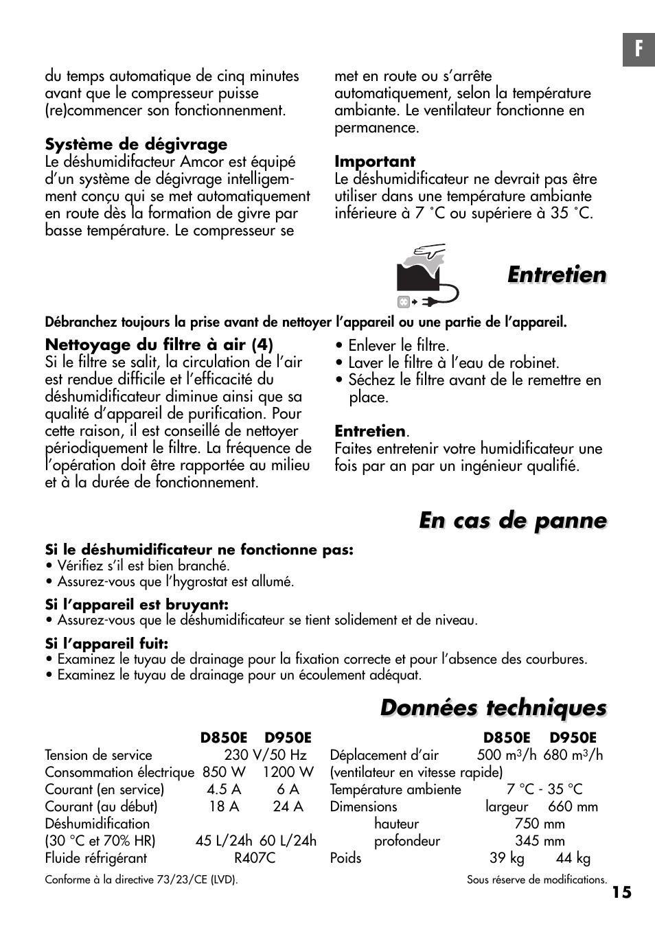 Entretien, En cas de panne | Amcor D950E User Manual | Page 15 / 20