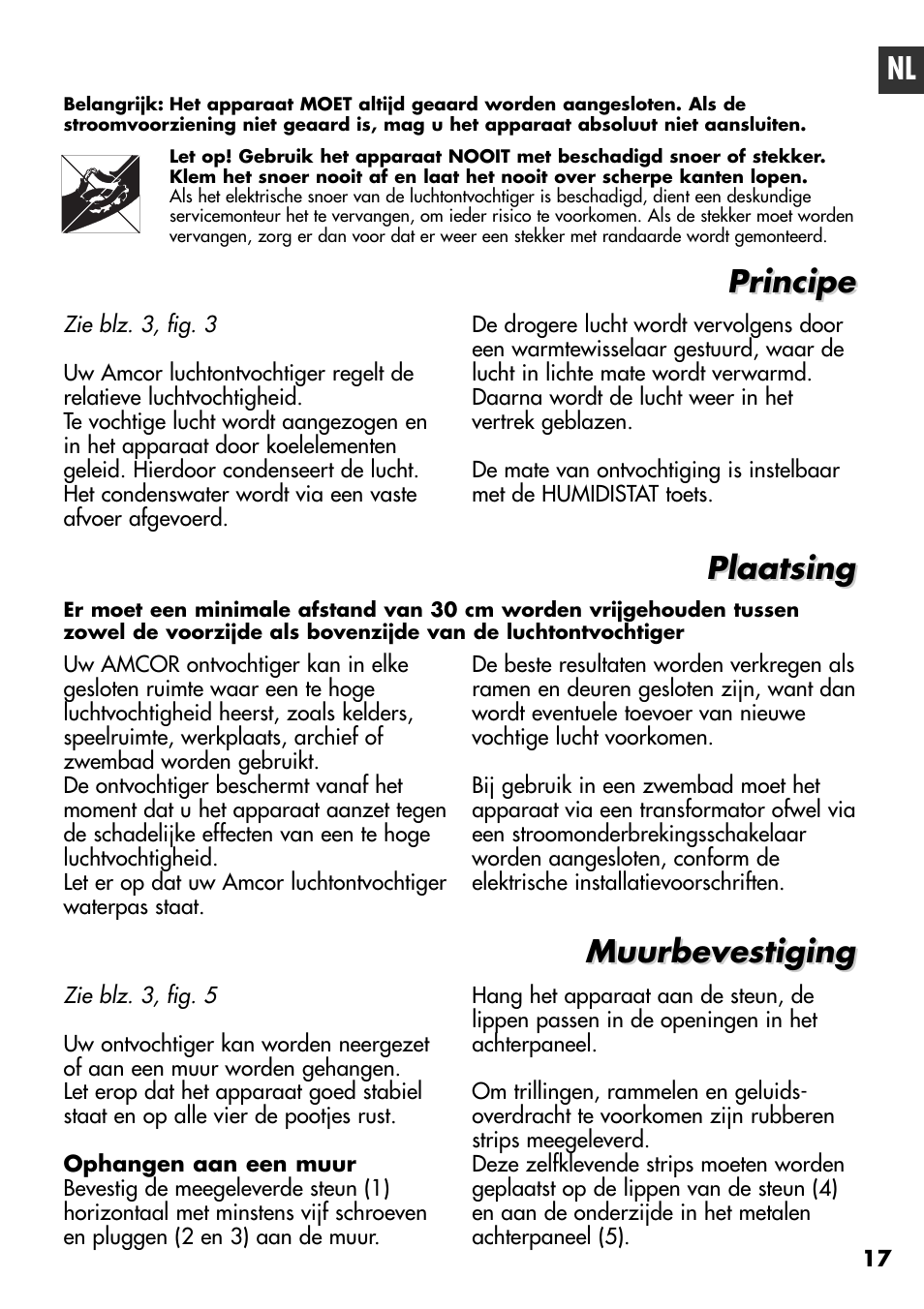 Principe, Plaatsing, Muurbevestiging | Amcor D950E User Manual | Page 17 / 20
