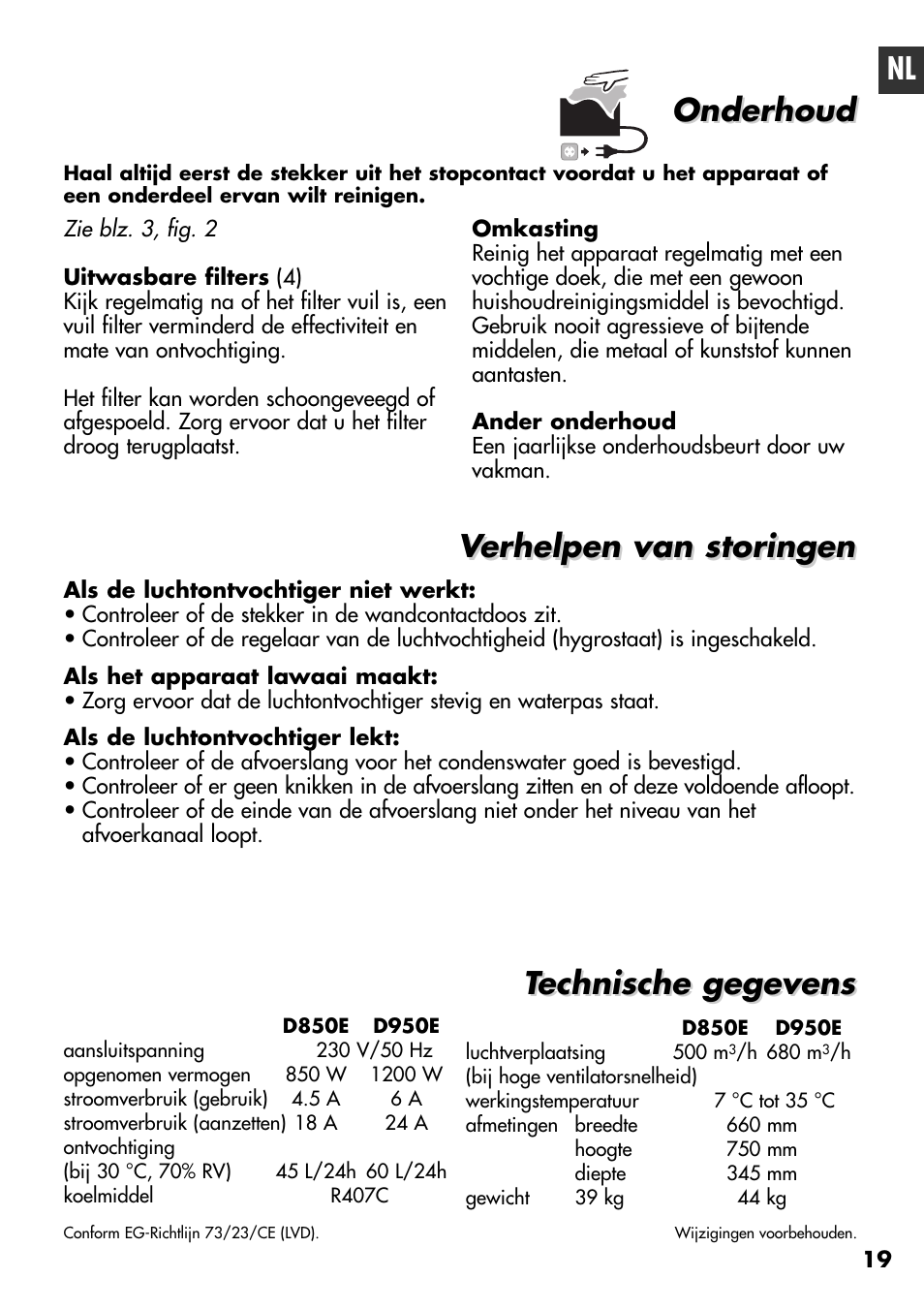 Onderhoud, Verhelpen van storingen, Technische gegevens | Amcor D950E User Manual | Page 19 / 20