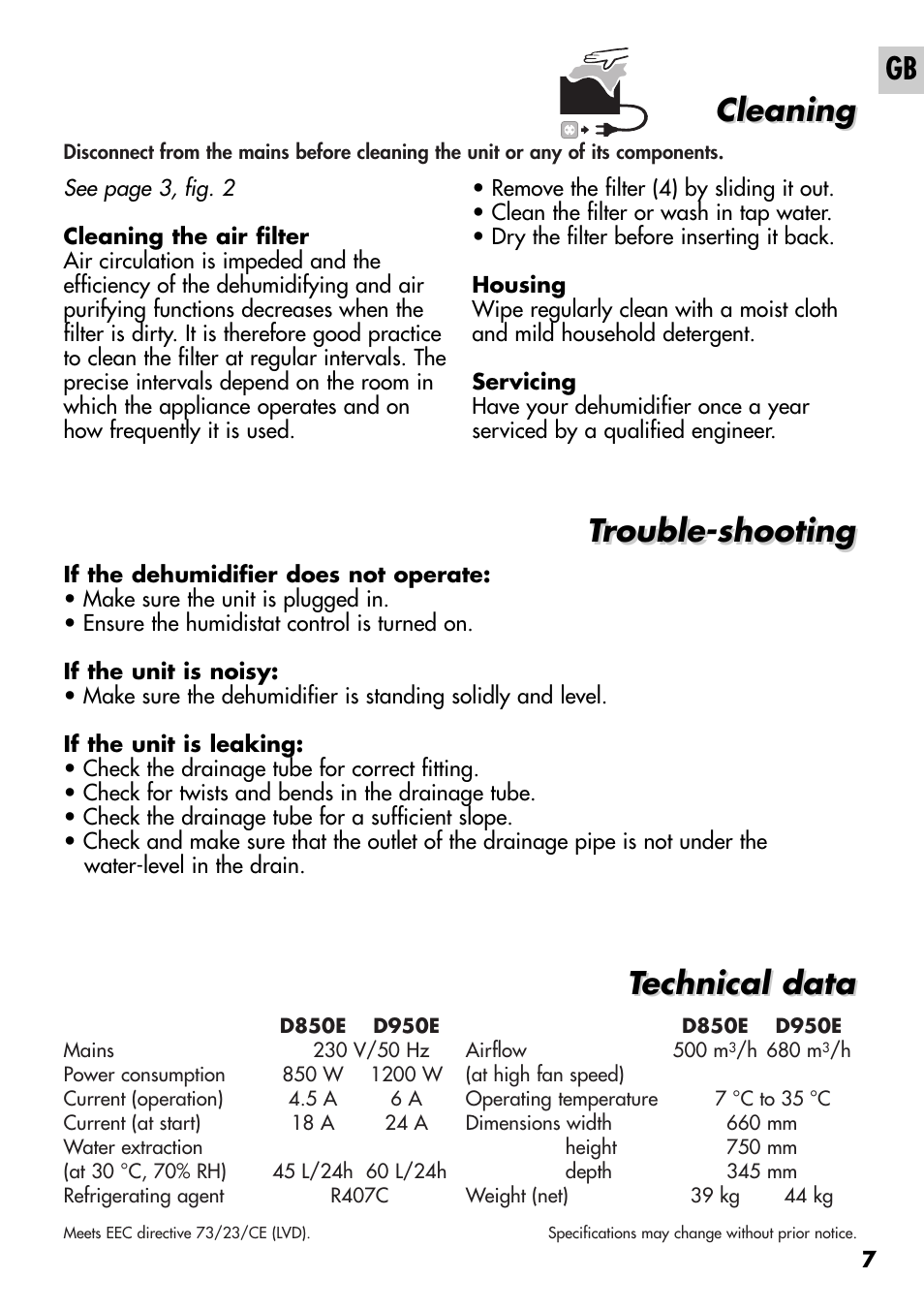 Cleaning, Cleaning trouble shooting trouble-shooting, Technical data | Amcor D950E User Manual | Page 7 / 20