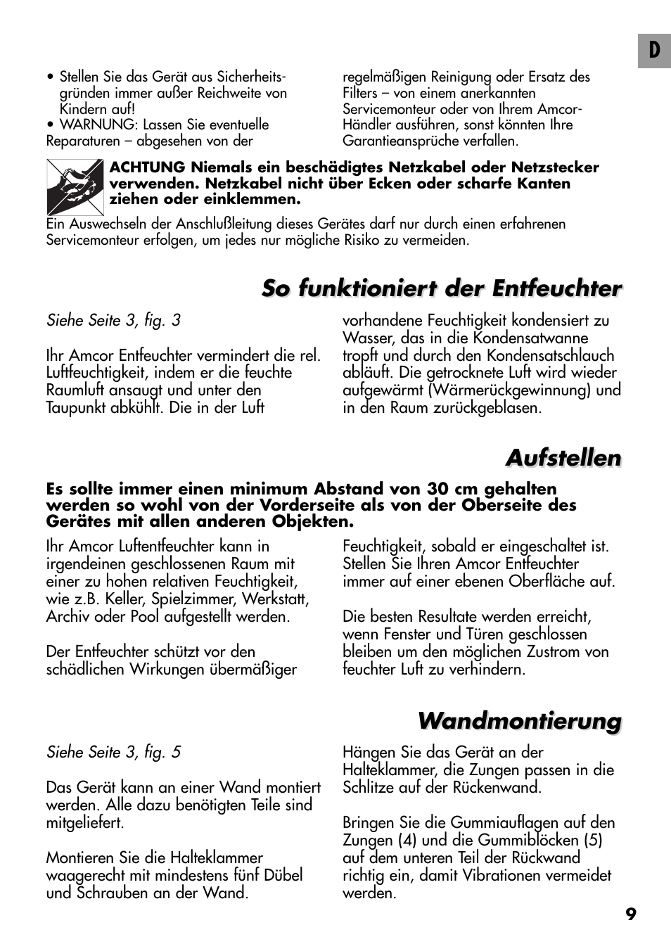 So funktioniert der entfeuchter, Wandmontierung | Amcor D950E User Manual | Page 9 / 20