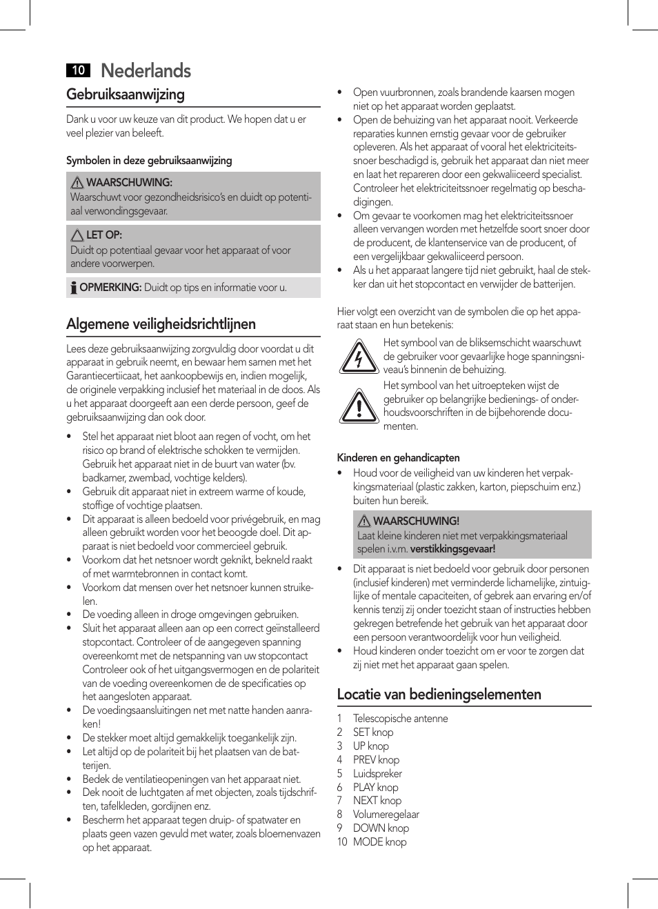 Nederlands, Gebruiksaanwijzing, Algemene veiligheidsrichtlijnen | Locatie van bedieningselementen | AEG MR 4139 BT schwarz User Manual | Page 10 / 58