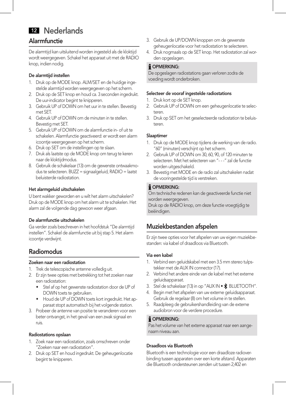 Nederlands, Alarmfunctie, Radiomodus | Muziekbestanden afspelen | AEG MR 4139 BT schwarz User Manual | Page 12 / 58