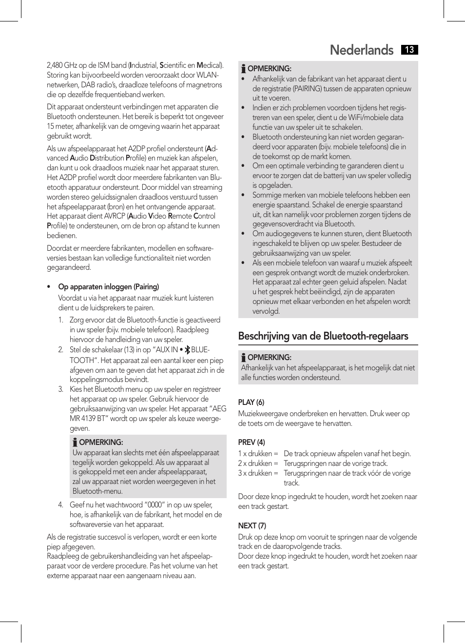 Nederlands, Beschrijving van de bluetooth-regelaars | AEG MR 4139 BT schwarz User Manual | Page 13 / 58