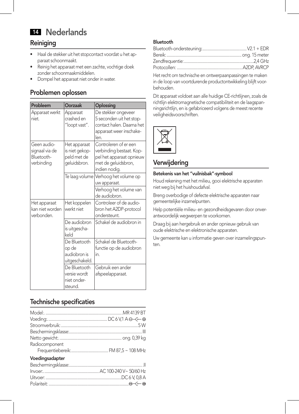 Nederlands, Reiniging, Problemen oplossen | Technische specificaties, Verwijdering | AEG MR 4139 BT schwarz User Manual | Page 14 / 58