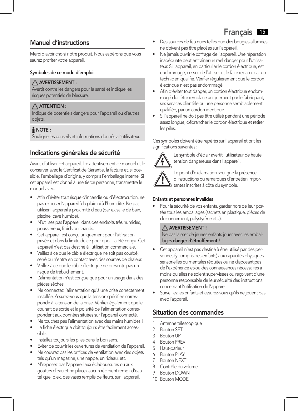 Français, Manuel d‘instructions, Indications générales de sécurité | Situation des commandes | AEG MR 4139 BT schwarz User Manual | Page 15 / 58