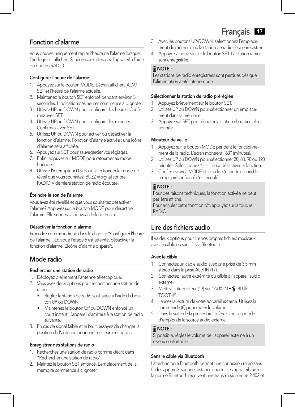 Français, Fonction d’alarme, Mode radio | Lire des fichiers audio | AEG MR 4139 BT schwarz User Manual | Page 17 / 58