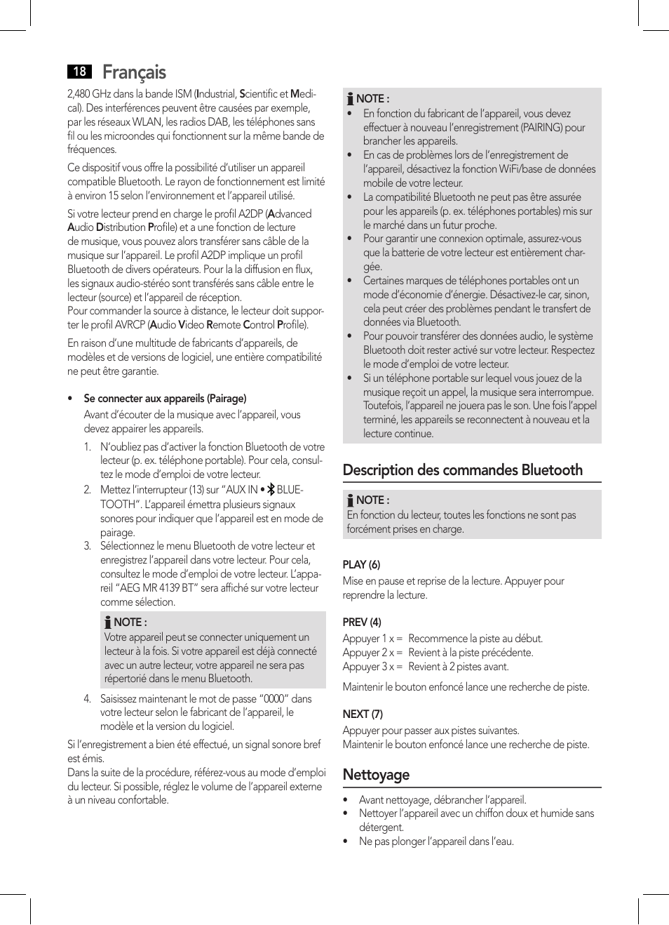 Français, Description des commandes bluetooth, Nettoyage | AEG MR 4139 BT schwarz User Manual | Page 18 / 58