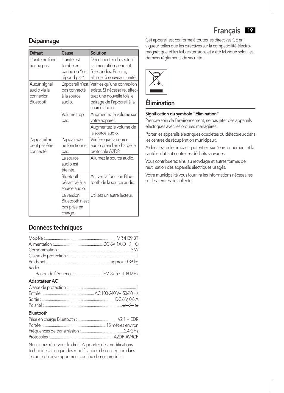 Français, Dépannage, Données techniques | Élimination | AEG MR 4139 BT schwarz User Manual | Page 19 / 58