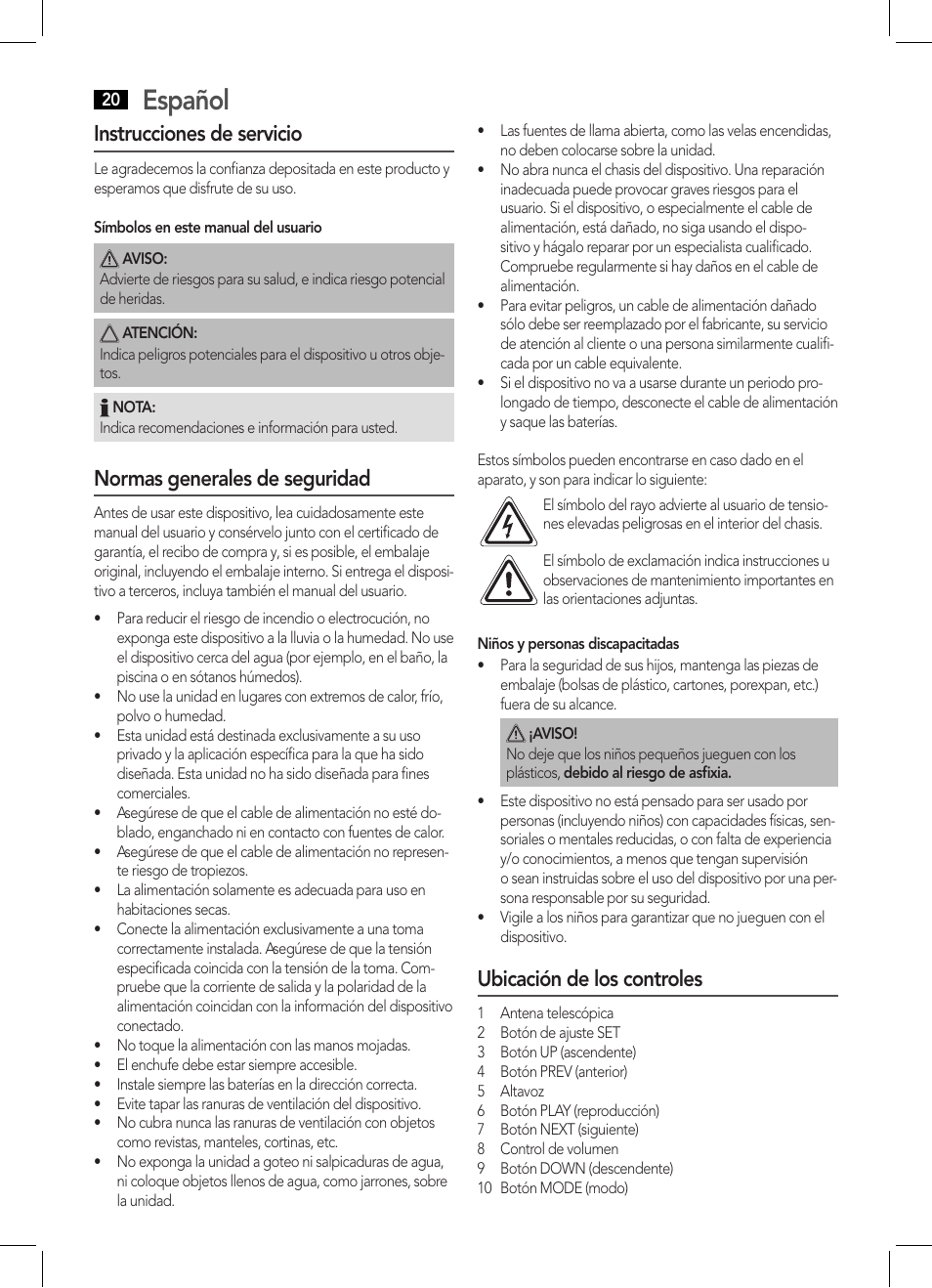 Español, Instrucciones de servicio, Normas generales de seguridad | Ubicación de los controles | AEG MR 4139 BT schwarz User Manual | Page 20 / 58