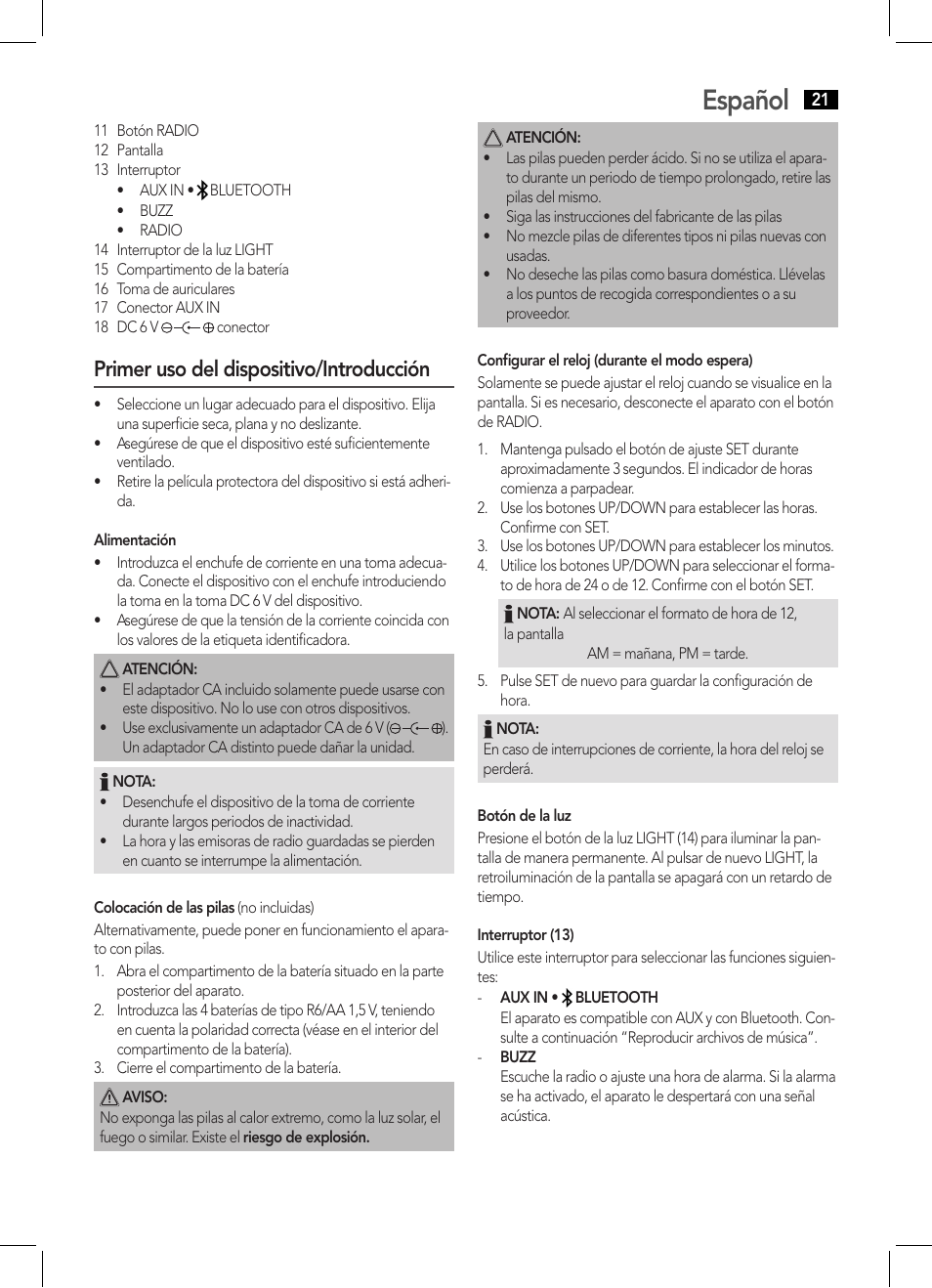 Español, Primer uso del dispositivo/introducción | AEG MR 4139 BT schwarz User Manual | Page 21 / 58