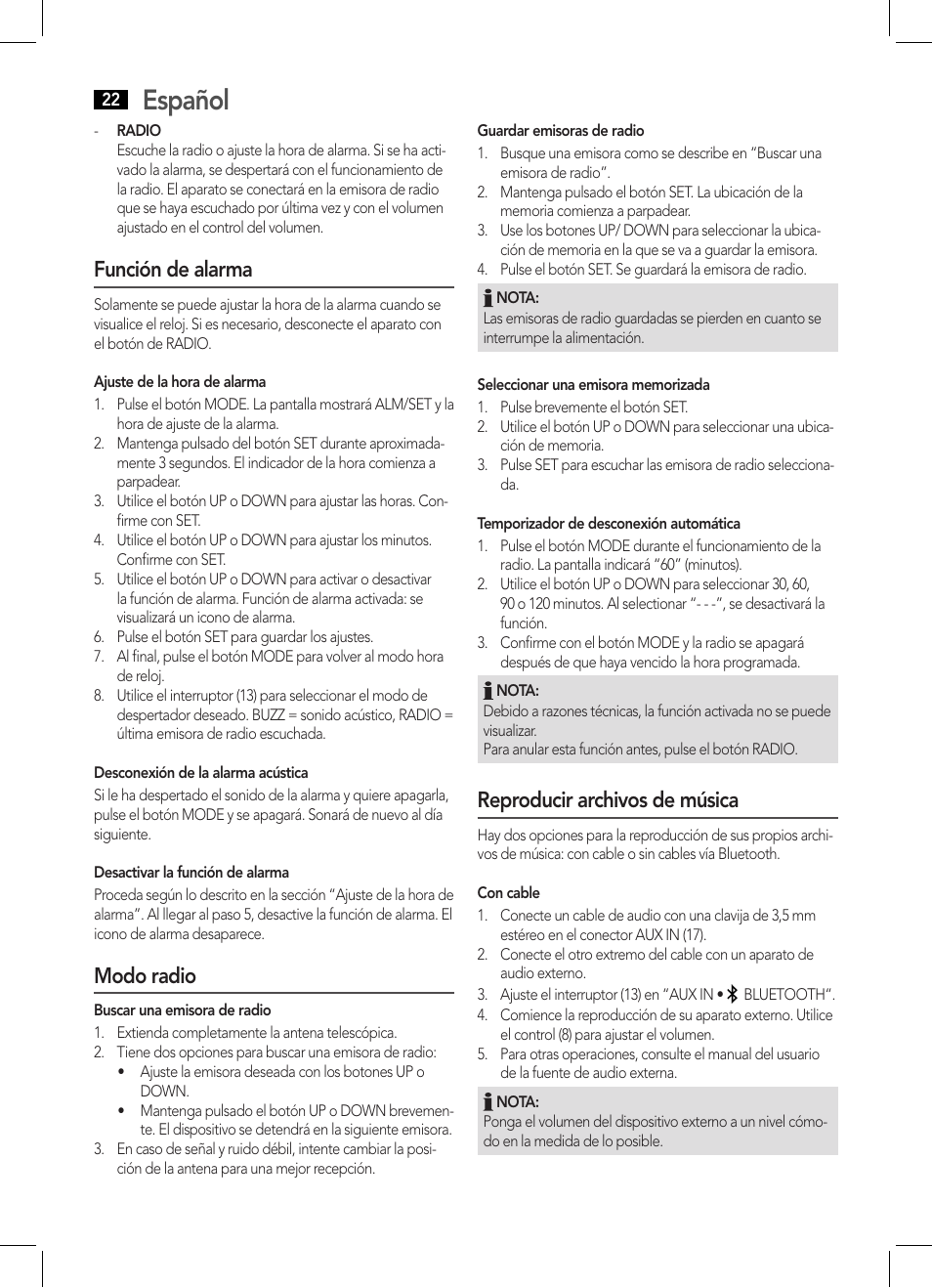 Español, Función de alarma, Modo radio | Reproducir archivos de música | AEG MR 4139 BT schwarz User Manual | Page 22 / 58