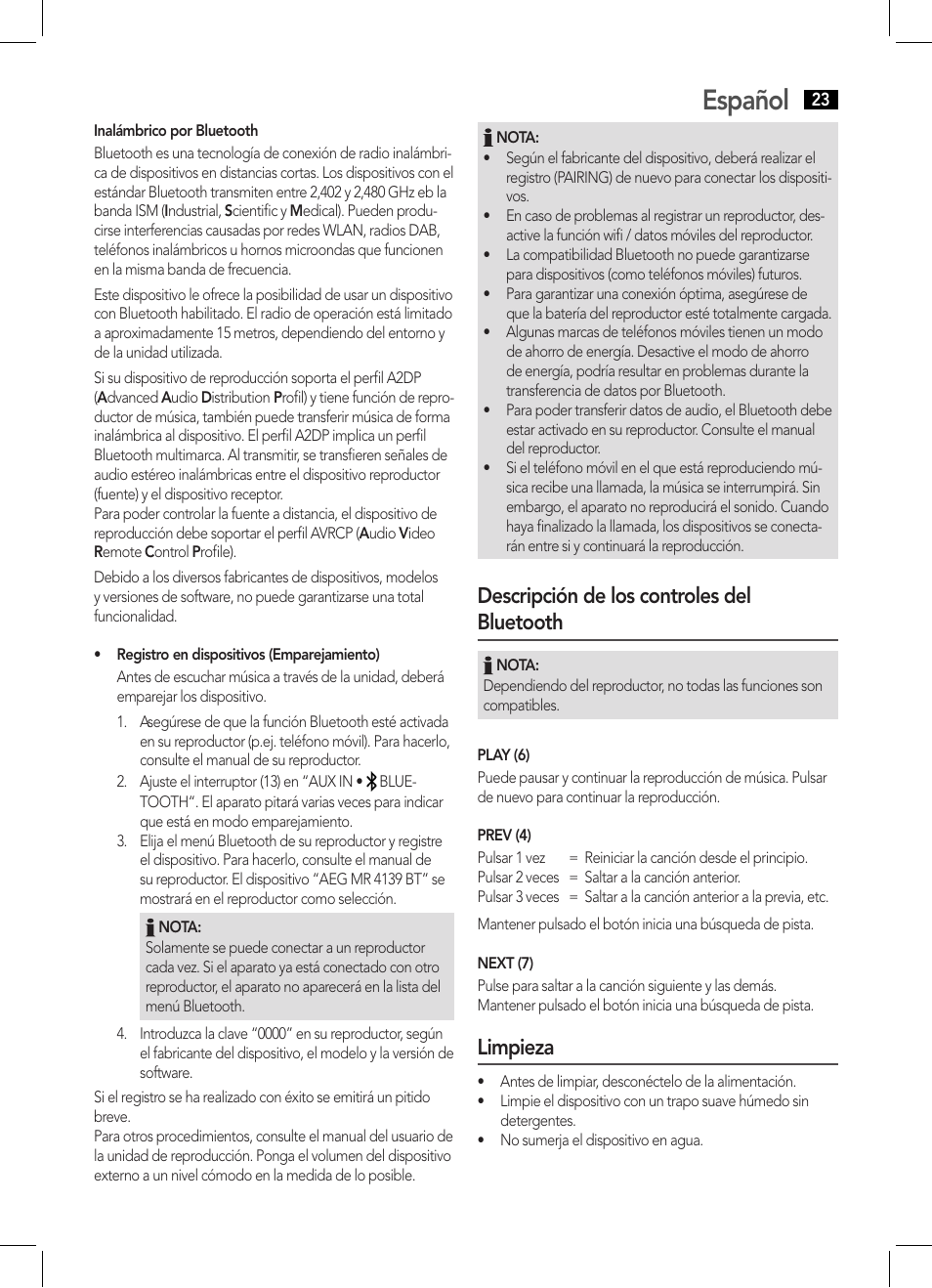 Español, Descripción de los controles del bluetooth, Limpieza | AEG MR 4139 BT schwarz User Manual | Page 23 / 58