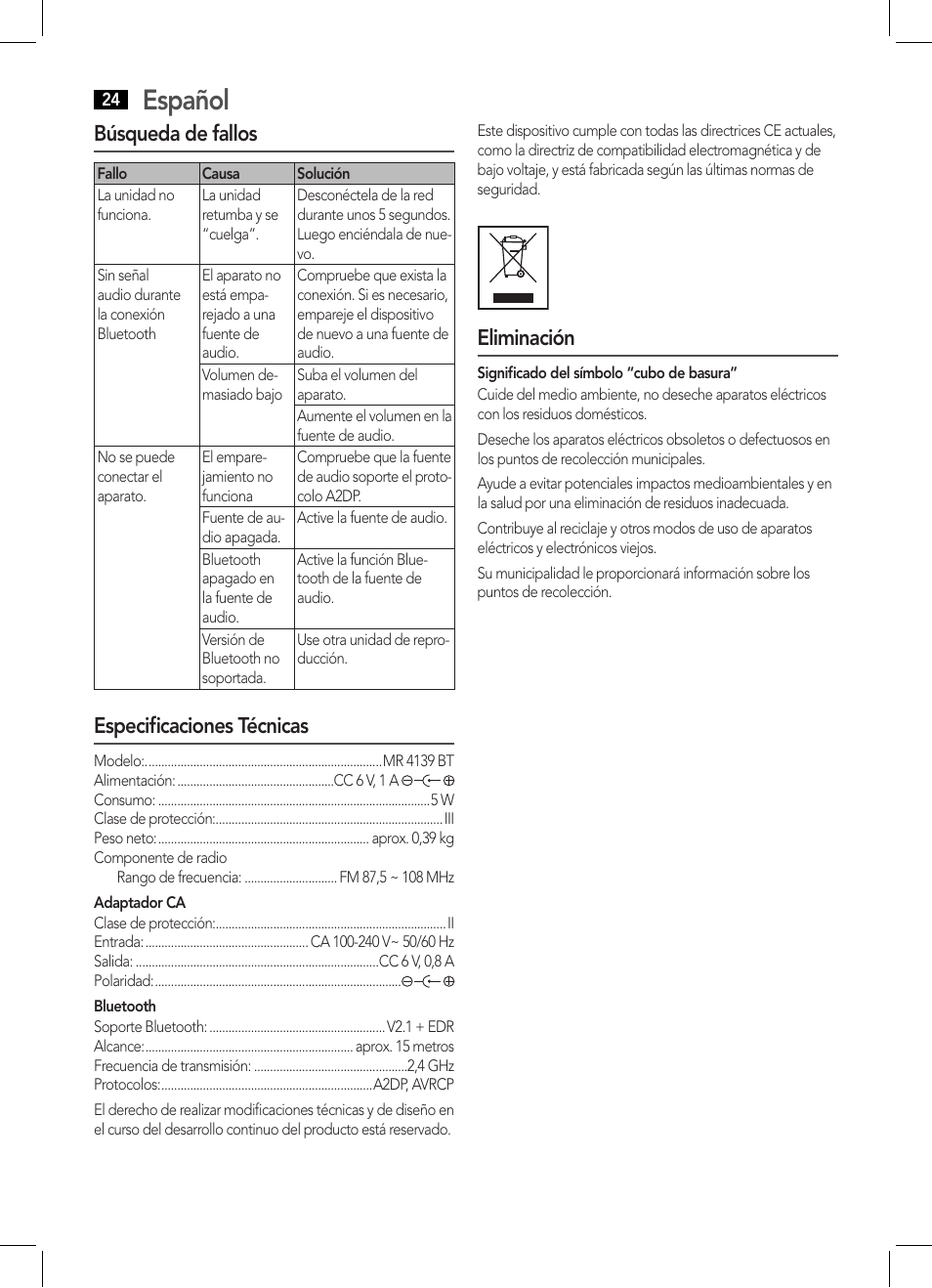 Español, Búsqueda de fallos, Especificaciones técnicas | Eliminación | AEG MR 4139 BT schwarz User Manual | Page 24 / 58