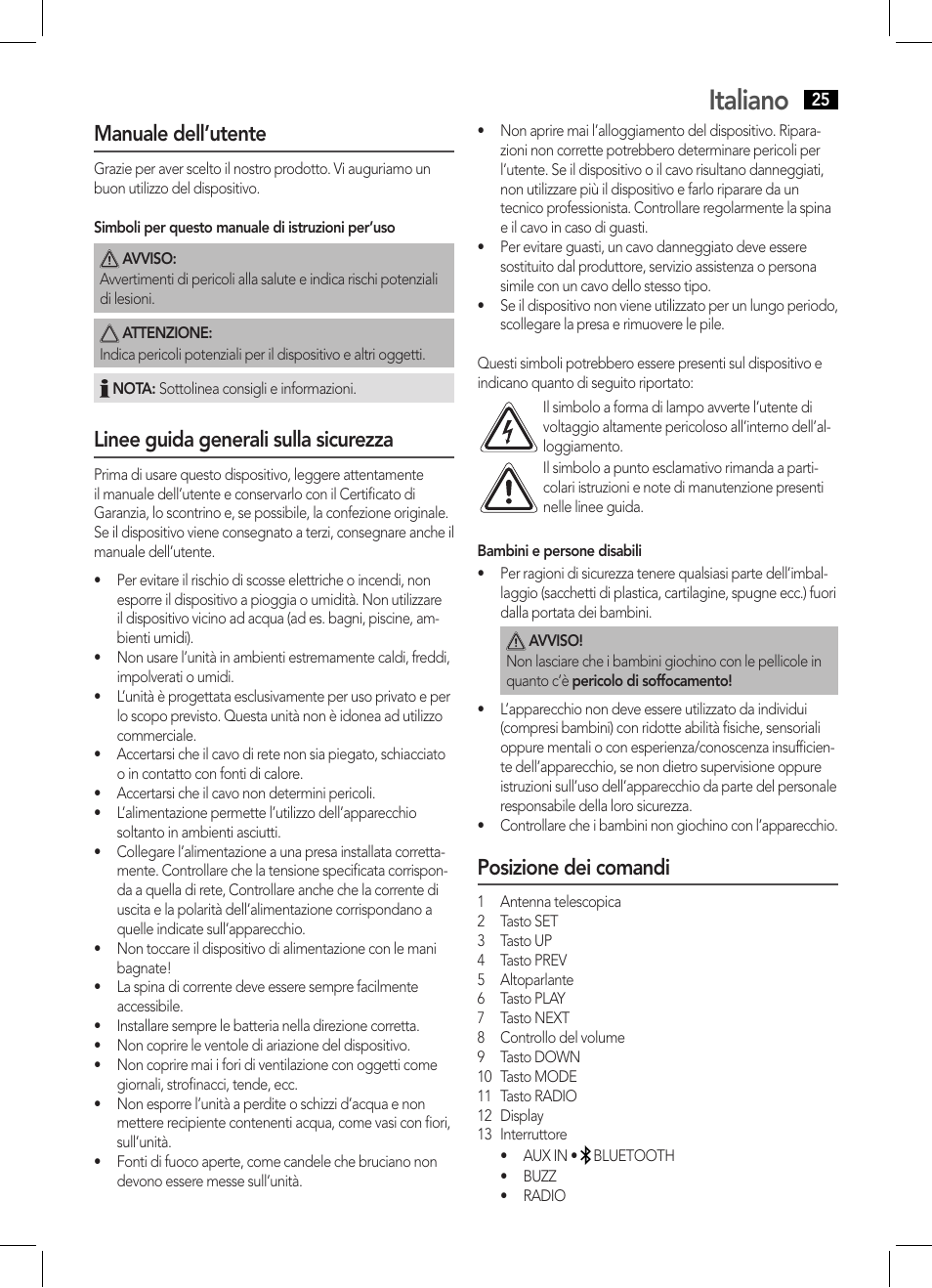 Italiano, Manuale dell’utente, Linee guida generali sulla sicurezza | Posizione dei comandi | AEG MR 4139 BT schwarz User Manual | Page 25 / 58