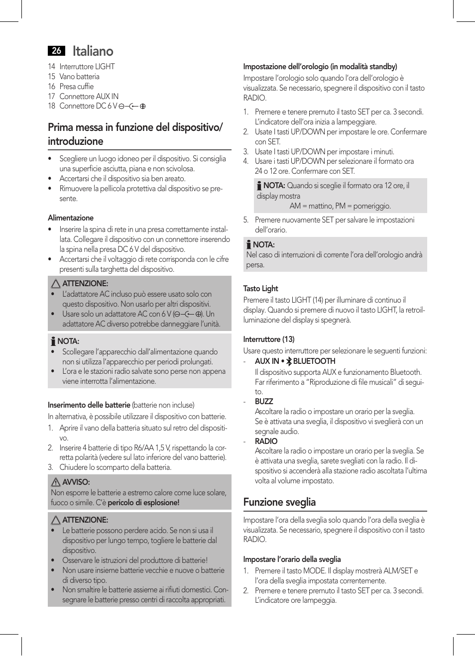 Italiano, Funzione sveglia | AEG MR 4139 BT schwarz User Manual | Page 26 / 58