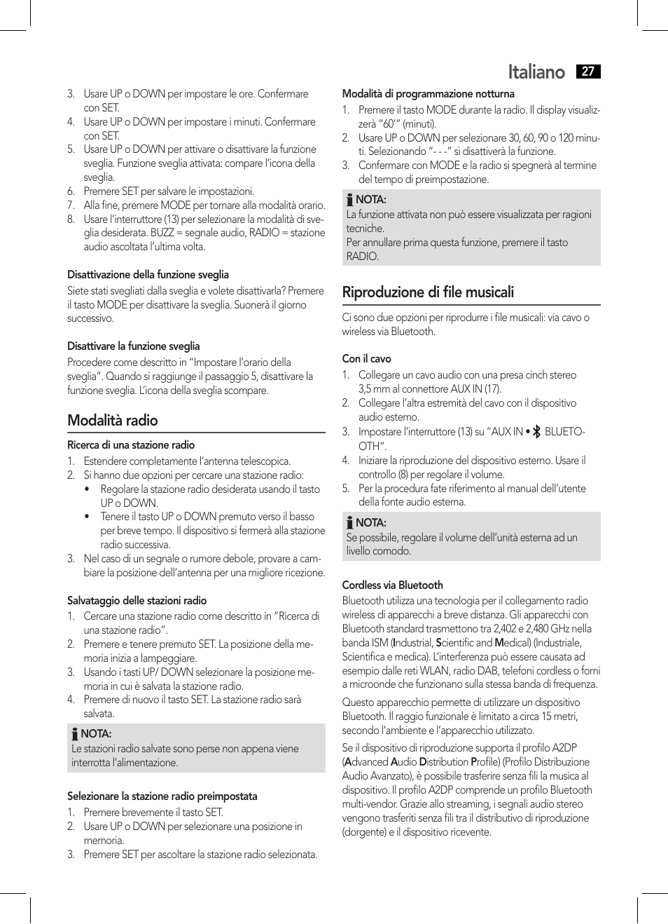 Italiano, Modalità radio, Riproduzione di file musicali | AEG MR 4139 BT schwarz User Manual | Page 27 / 58