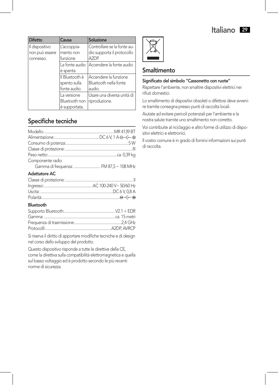 Italiano, Specifiche tecniche, Smaltimento | AEG MR 4139 BT schwarz User Manual | Page 29 / 58