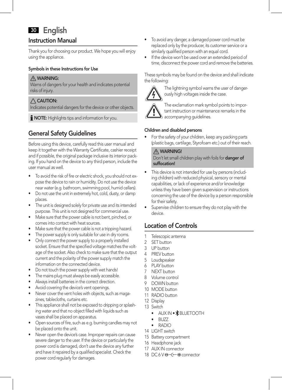 English, Instruction manual, General safety guidelines | Location of controls | AEG MR 4139 BT schwarz User Manual | Page 30 / 58