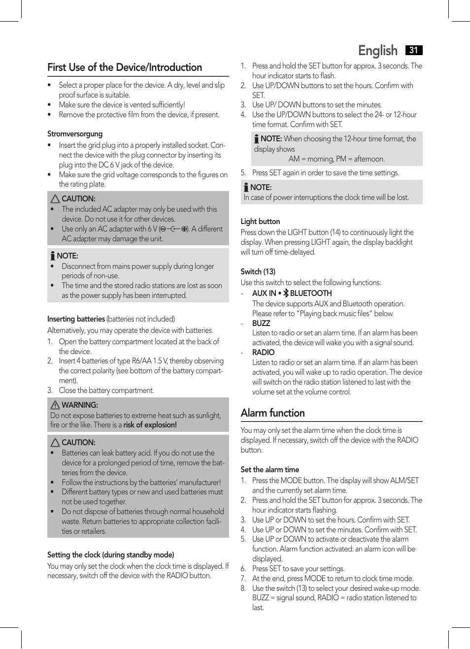 English, First use of the device/introduction, Alarm function | AEG MR 4139 BT schwarz User Manual | Page 31 / 58