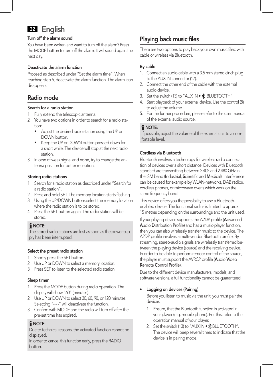 English, Radio mode, Playing back music files | AEG MR 4139 BT schwarz User Manual | Page 32 / 58