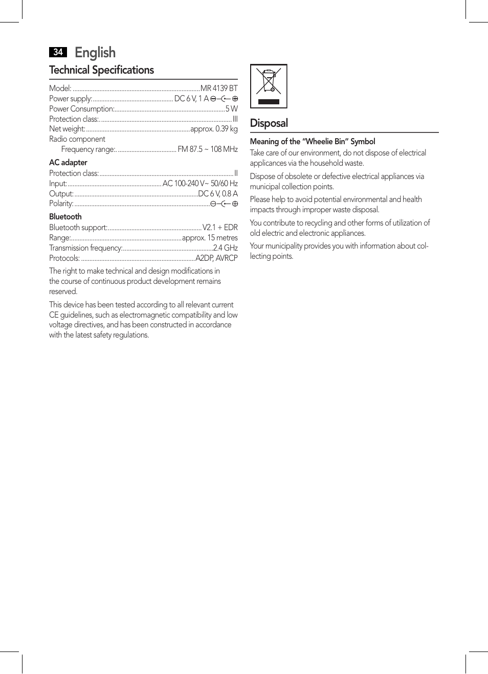 English | AEG MR 4139 BT schwarz User Manual | Page 34 / 58
