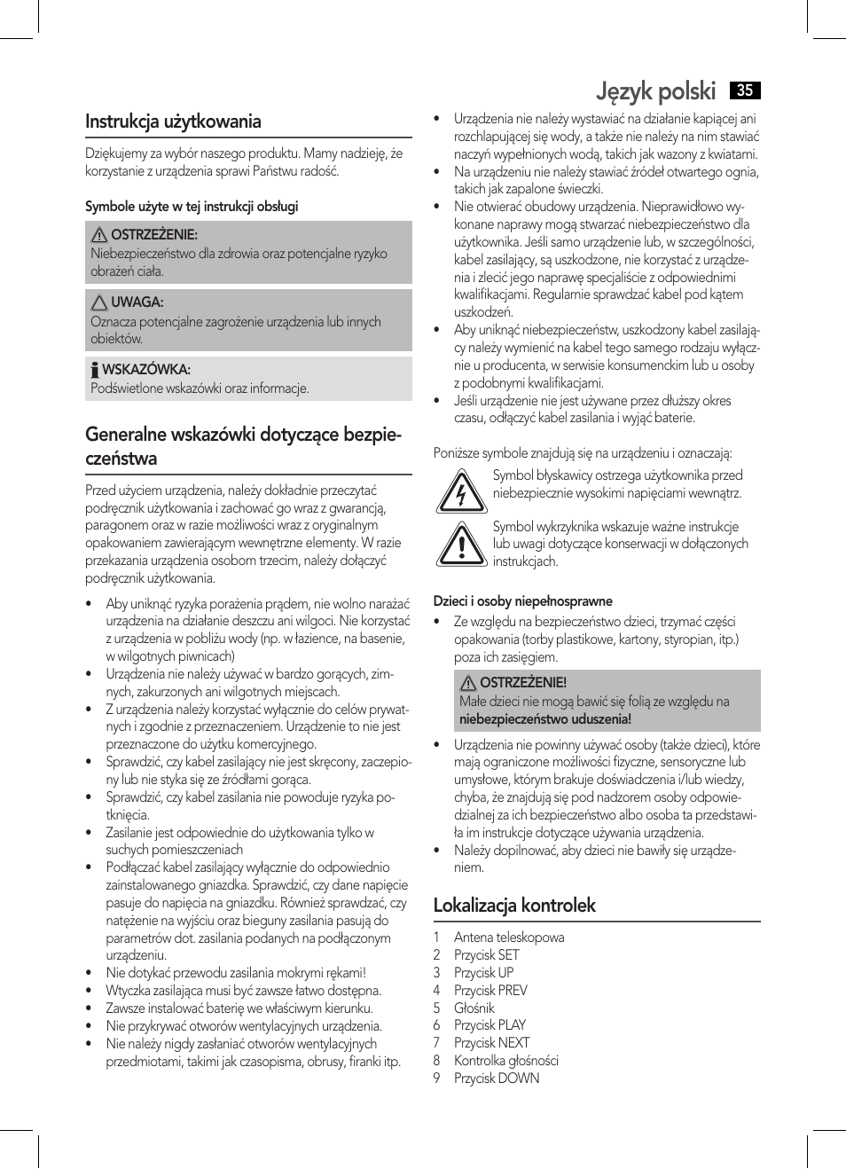 Język polski, Instrukcja użytkowania, Generalne wskazówki dotyczące bezpie- czeństwa | Lokalizacja kontrolek | AEG MR 4139 BT schwarz User Manual | Page 35 / 58