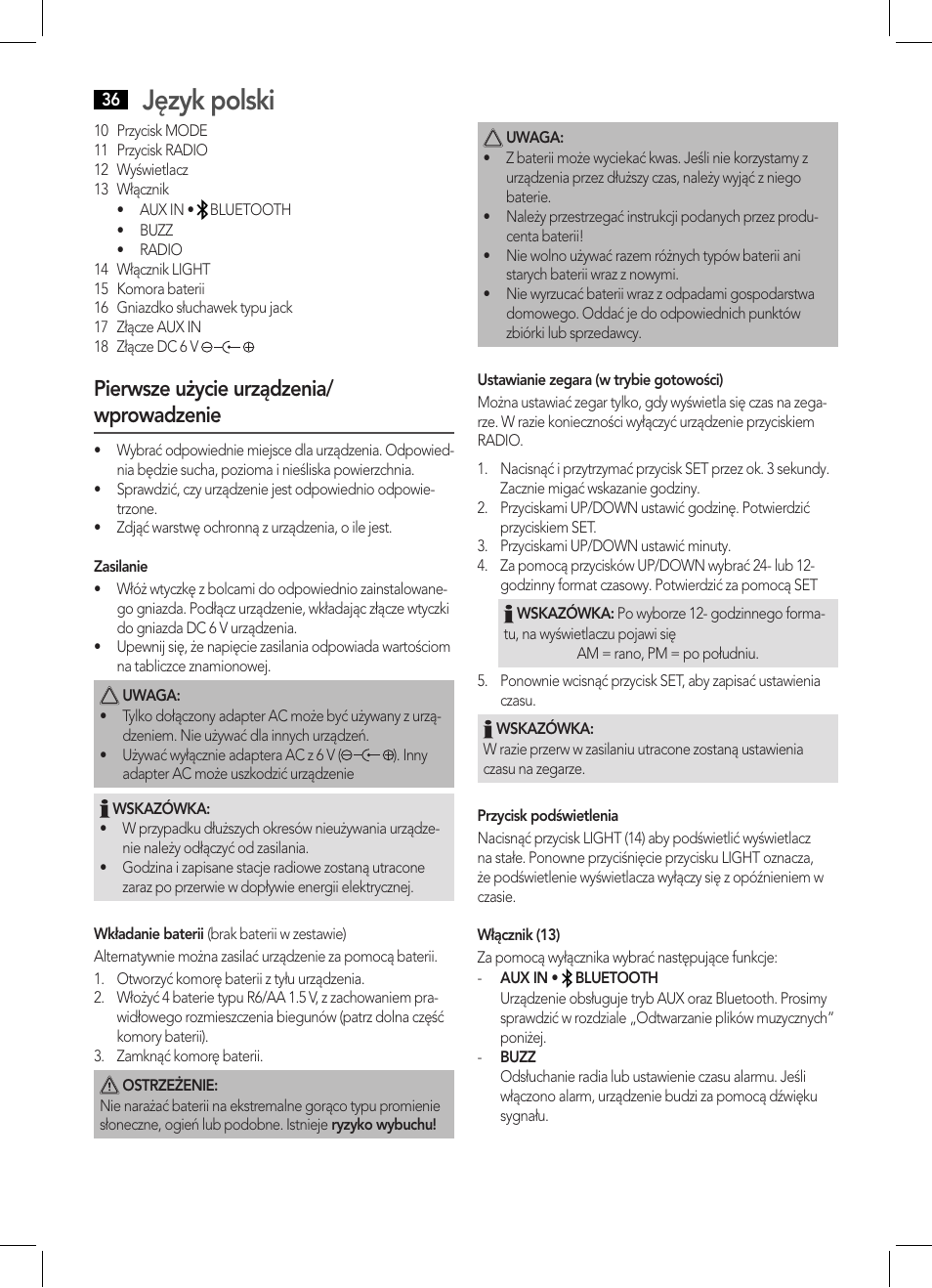 Język polski, Pierwsze użycie urządzenia/ wprowadzenie | AEG MR 4139 BT schwarz User Manual | Page 36 / 58