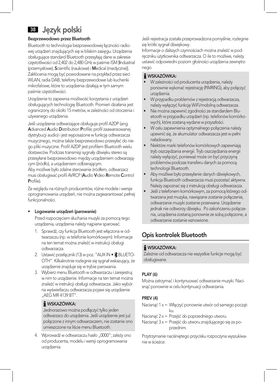 Język polski, Opis kontrolek bluetooth | AEG MR 4139 BT schwarz User Manual | Page 38 / 58