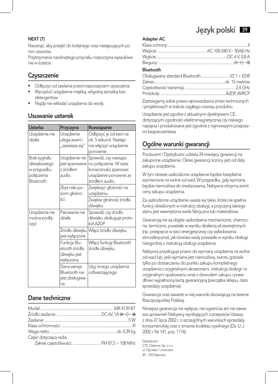 Język polski, Czyszczenie, Usuwanie usterek | Dane techniczne, Ogólne warunki gwarancji | AEG MR 4139 BT schwarz User Manual | Page 39 / 58