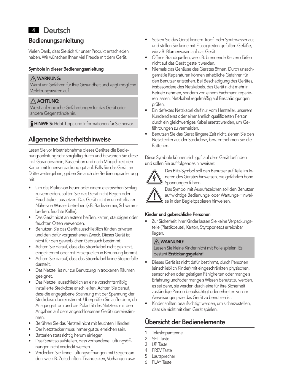 Deutsch, Bedienungsanleitung, Allgemeine sicherheitshinweise | Übersicht der bedienelemente | AEG MR 4139 BT schwarz User Manual | Page 4 / 58