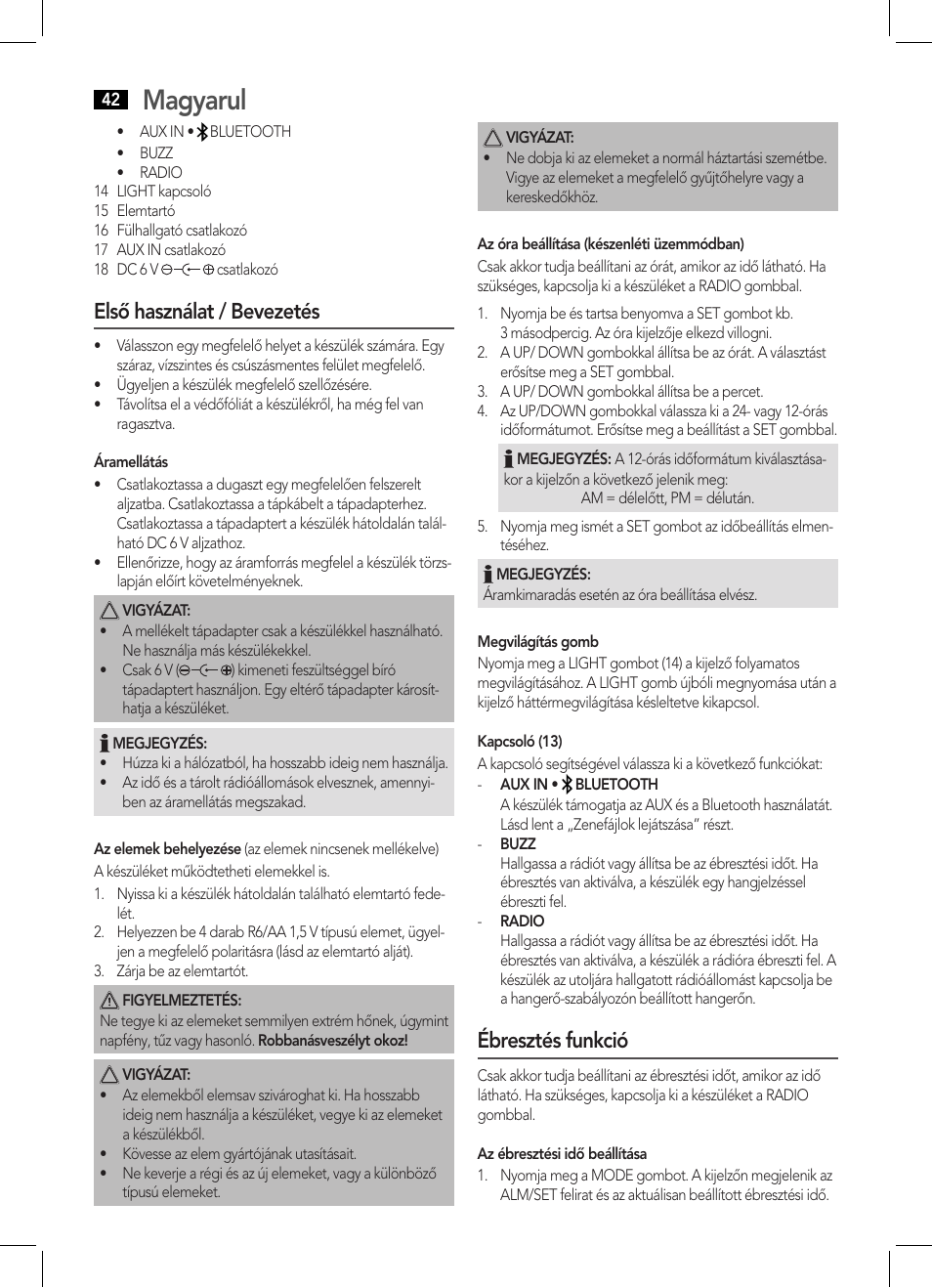 Magyarul, Első használat / bevezetés, Ébresztés funkció | AEG MR 4139 BT schwarz User Manual | Page 42 / 58