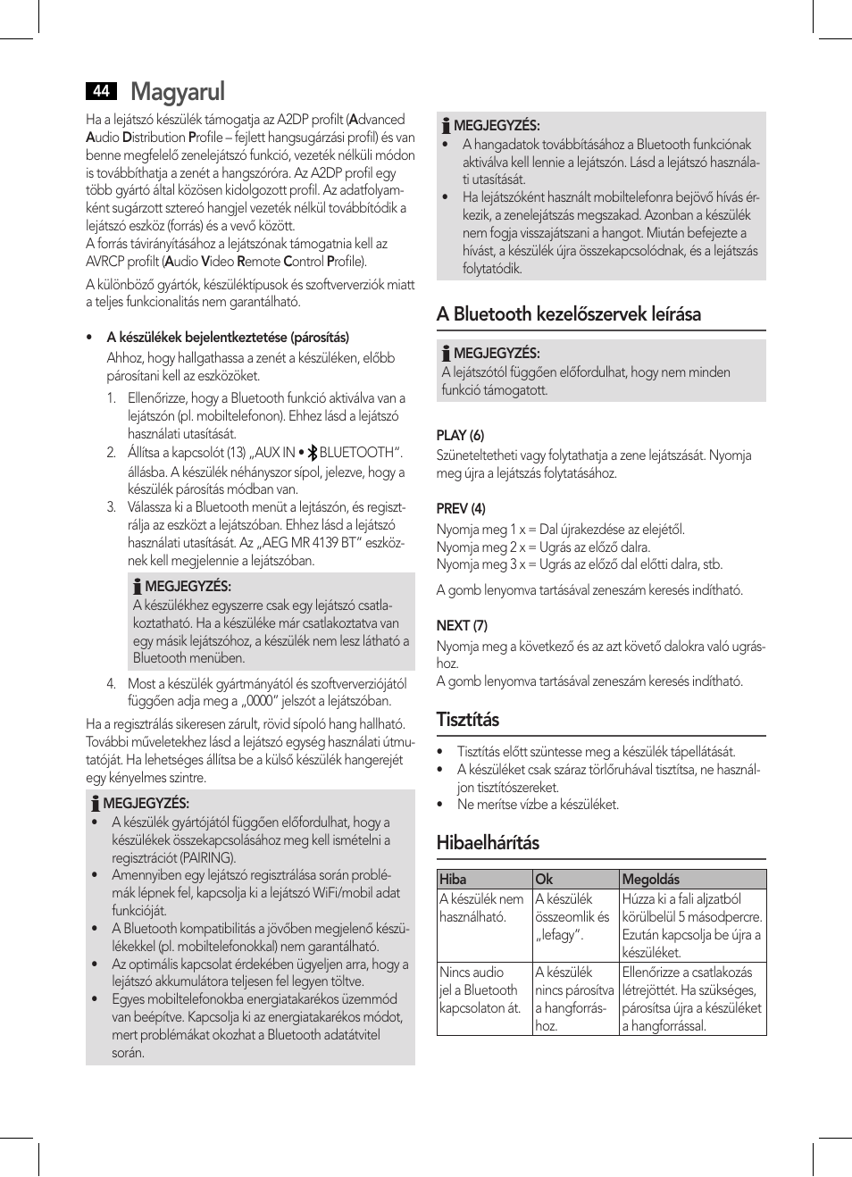 Magyarul, A bluetooth kezelőszervek leírása, Tisztítás | Hibaelhárítás | AEG MR 4139 BT schwarz User Manual | Page 44 / 58