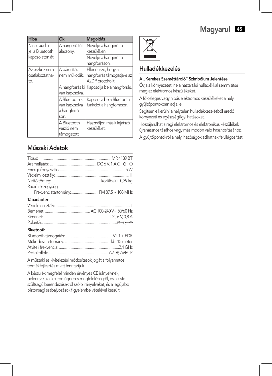 Magyarul, Műszaki adatok, Hulladékkezelés | AEG MR 4139 BT schwarz User Manual | Page 45 / 58