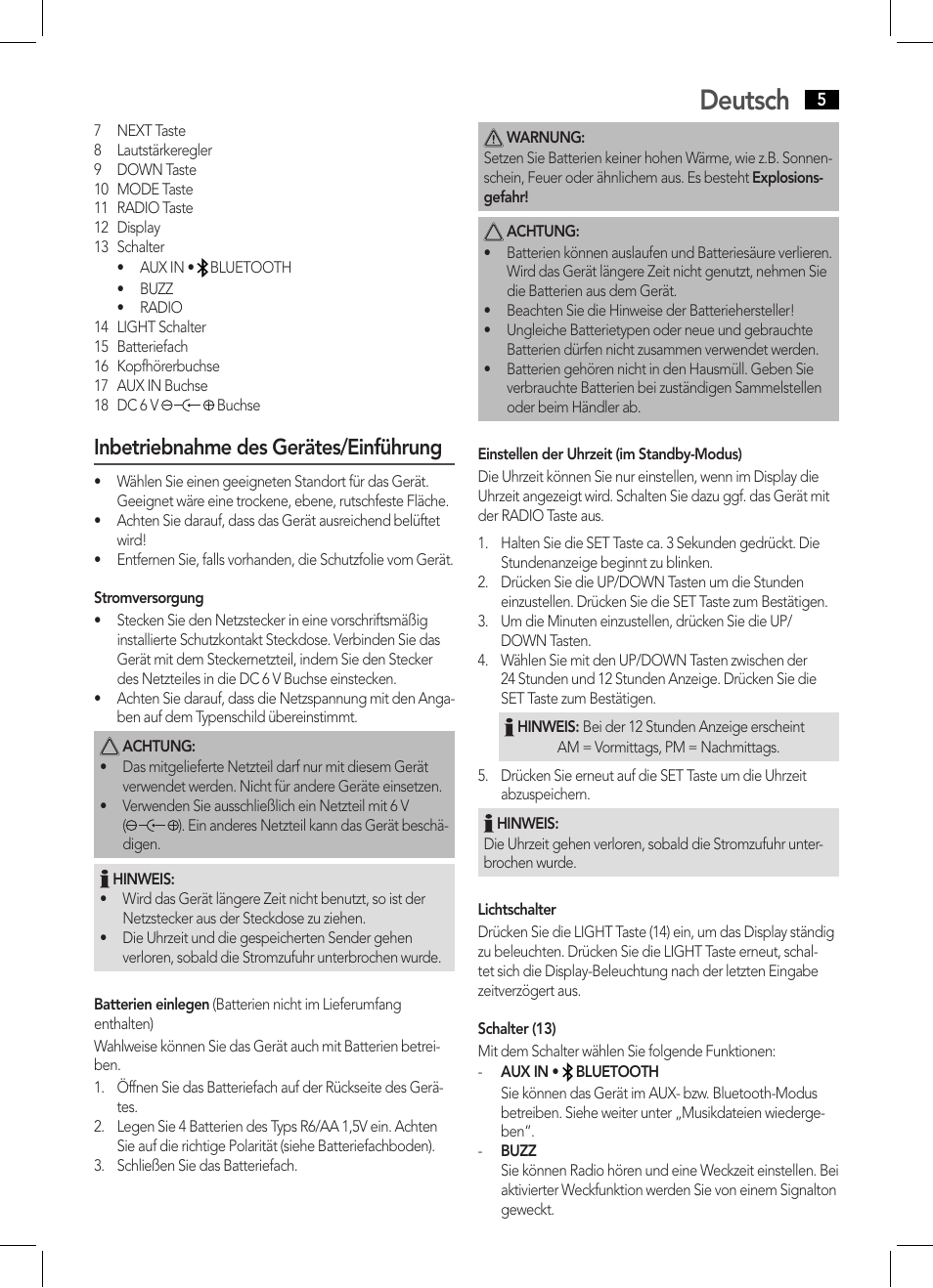 Deutsch, Inbetriebnahme des gerätes/einführung | AEG MR 4139 BT schwarz User Manual | Page 5 / 58