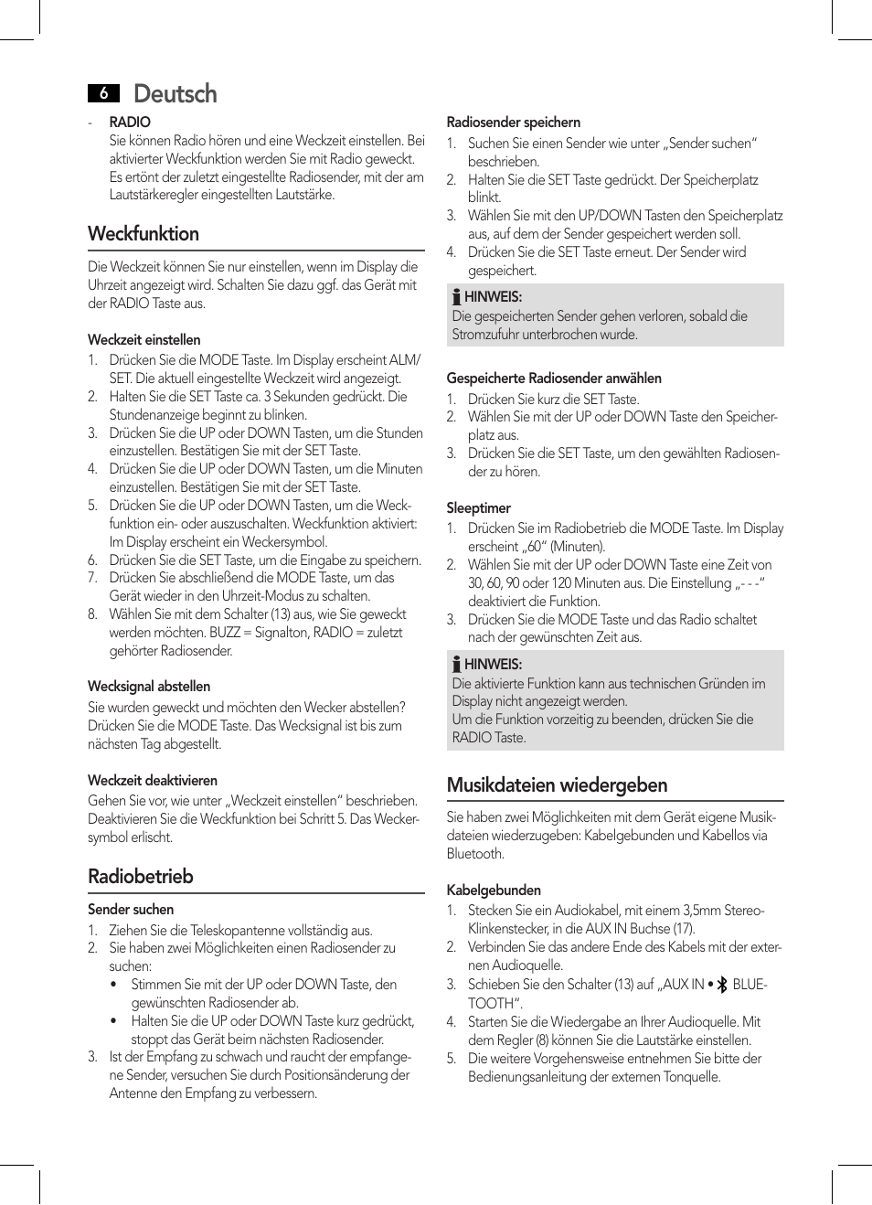 Deutsch, Weckfunktion, Radiobetrieb | Musikdateien wiedergeben | AEG MR 4139 BT schwarz User Manual | Page 6 / 58