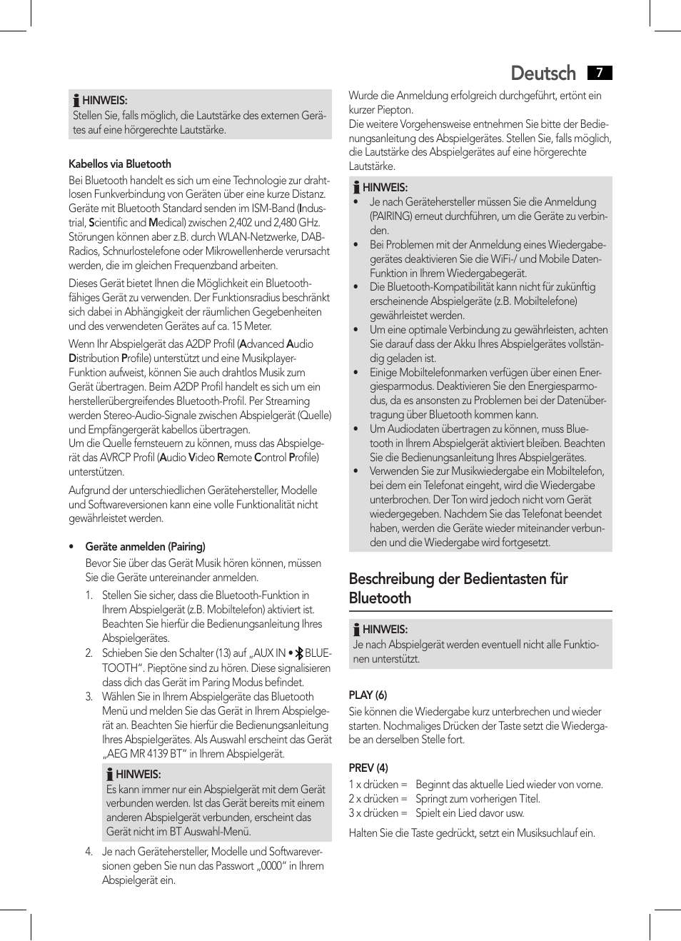 Deutsch, Beschreibung der bedientasten für bluetooth | AEG MR 4139 BT schwarz User Manual | Page 7 / 58