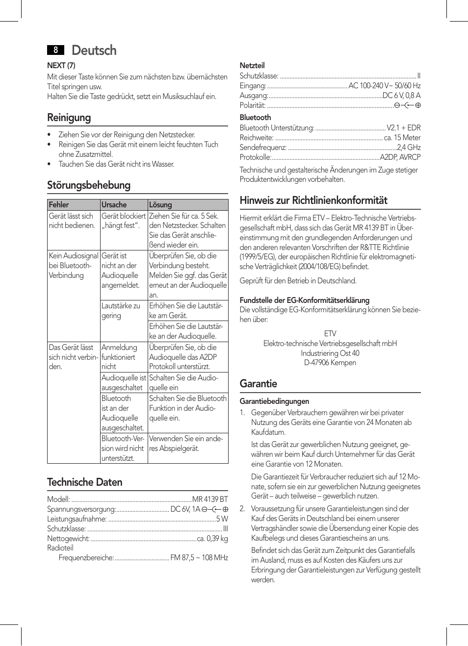 Deutsch, Reinigung, Störungsbehebung | Technische daten, Hinweis zur richtlinienkonformität, Garantie | AEG MR 4139 BT schwarz User Manual | Page 8 / 58