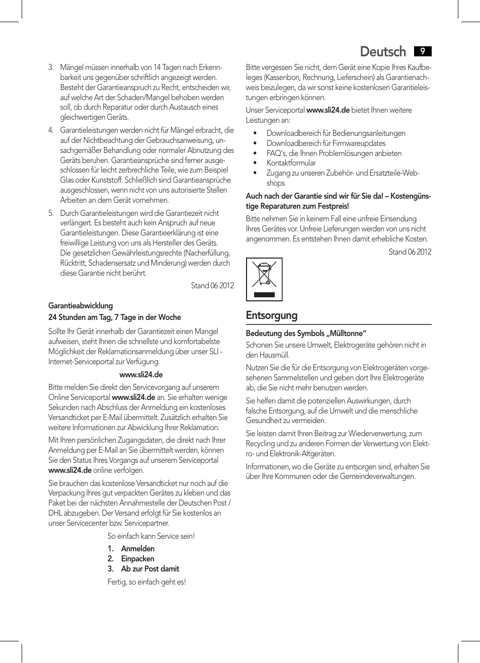 Deutsch, Entsorgung | AEG MR 4139 BT schwarz User Manual | Page 9 / 58