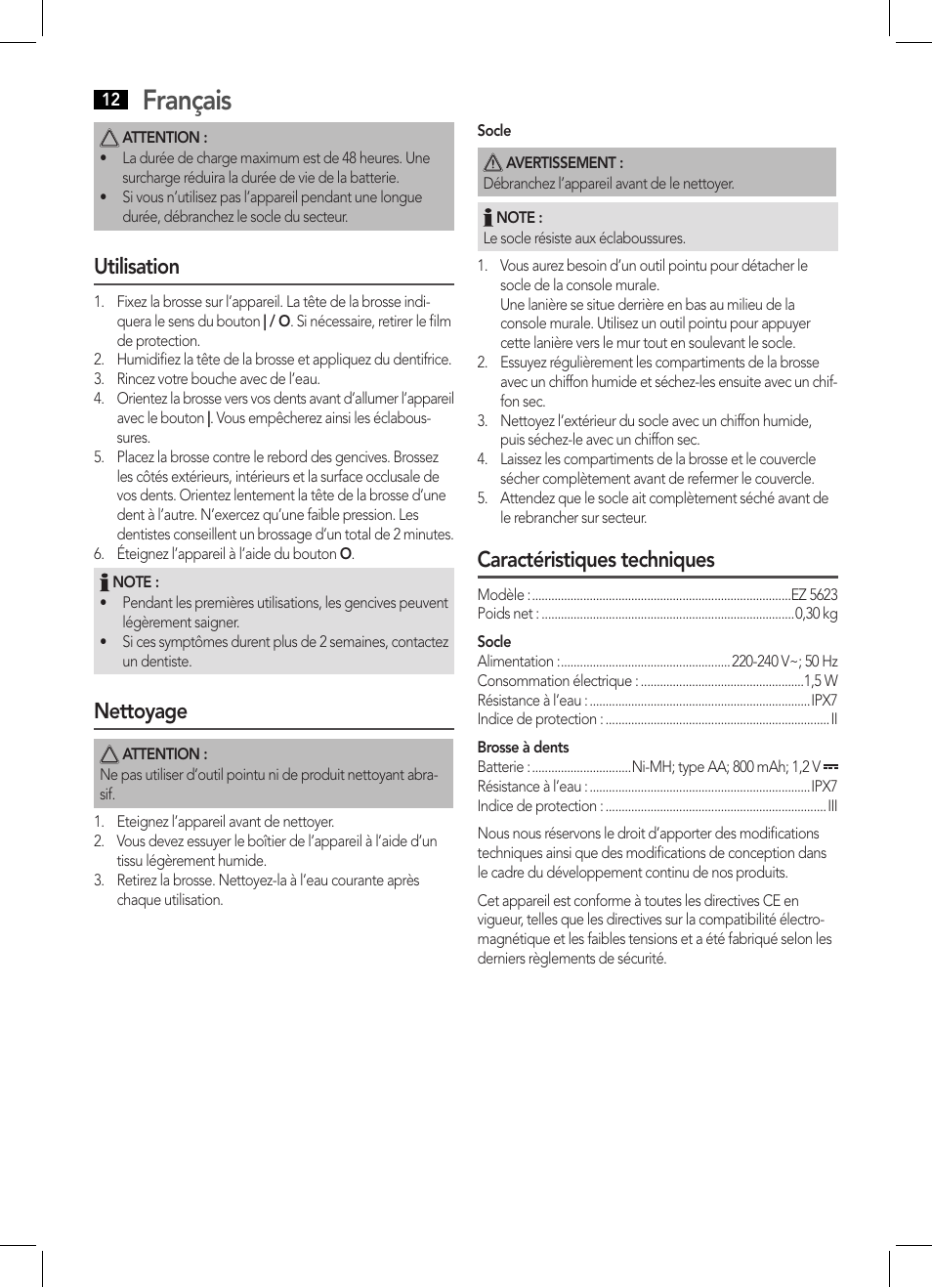 Français, Utilisation, Nettoyage | Caractéristiques techniques | AEG EZ 5623 User Manual | Page 12 / 44