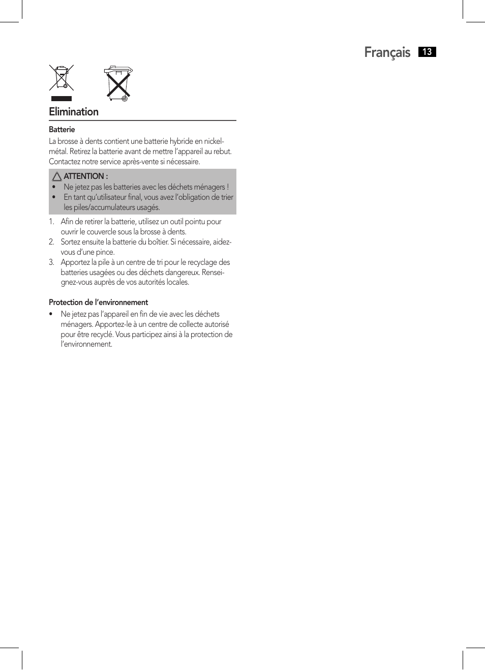 Français, Elimination | AEG EZ 5623 User Manual | Page 13 / 44